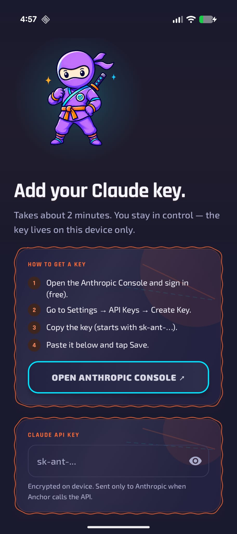 Claude API key setup screen