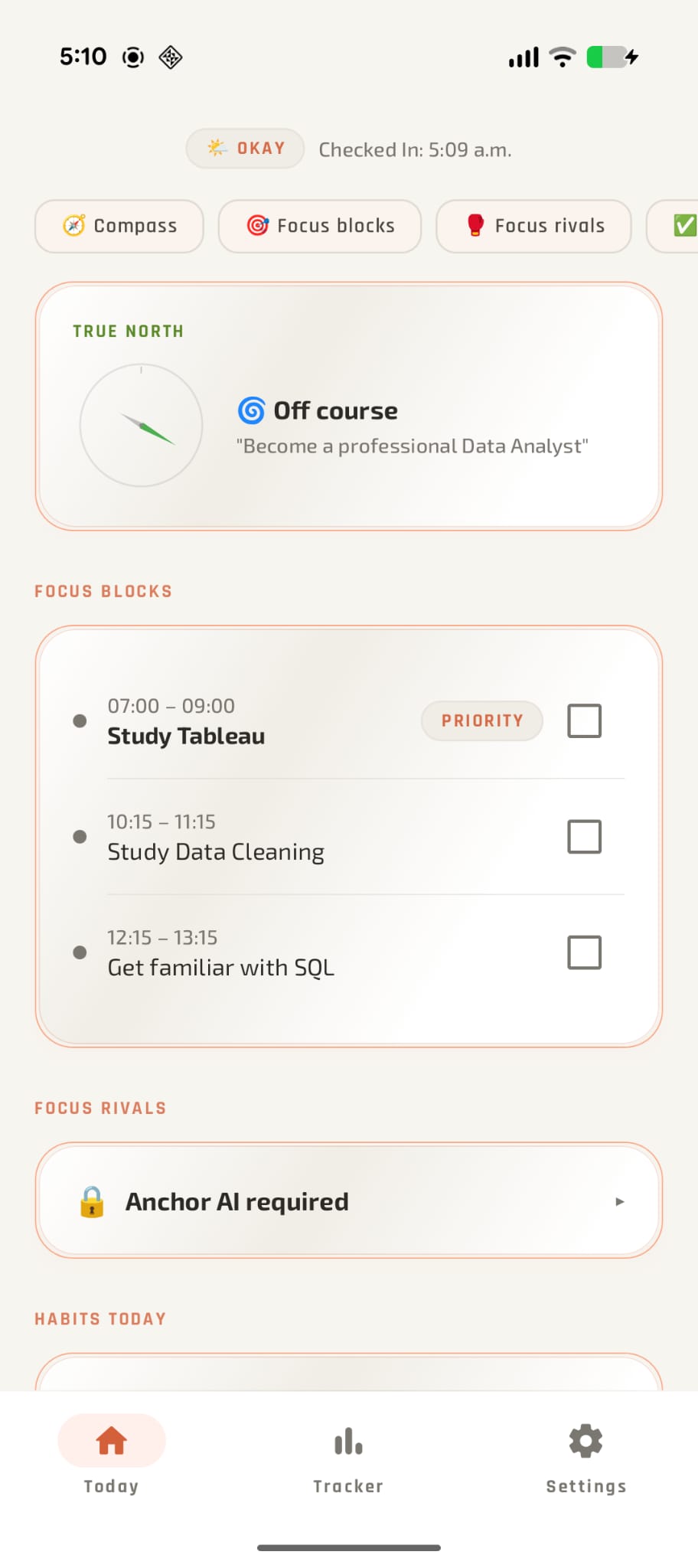 Today overview with focus blocks, light mode